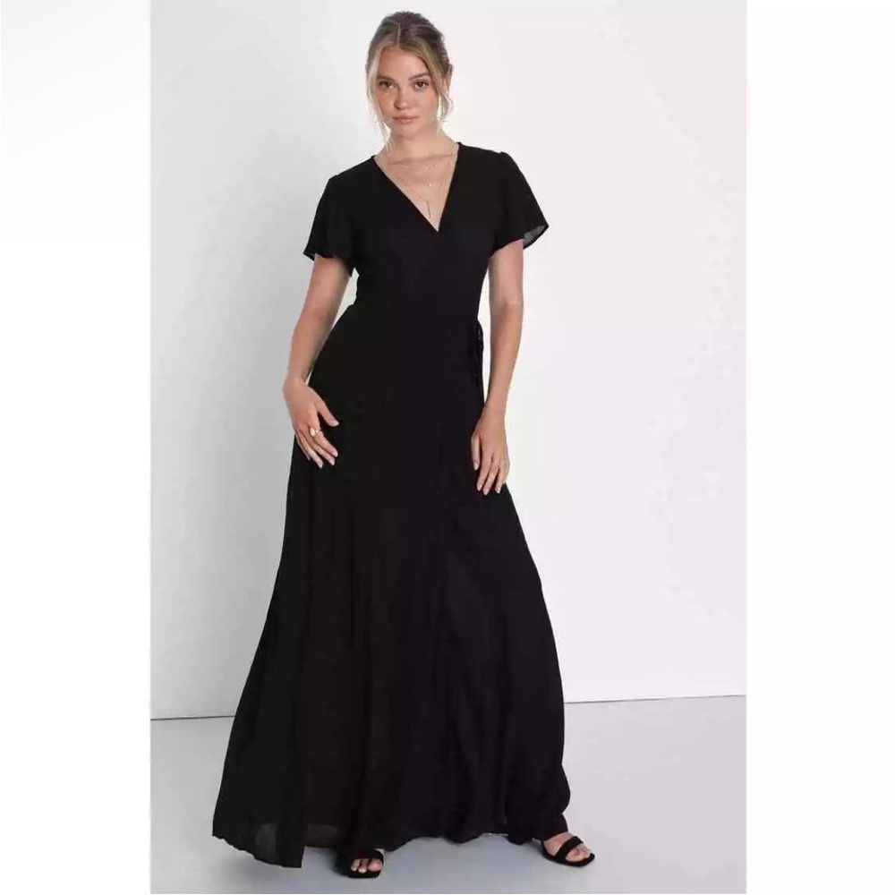 Lulus Heart of Marigold Black Wrap Gauze Short Sleeve Maxi Dress Size XS